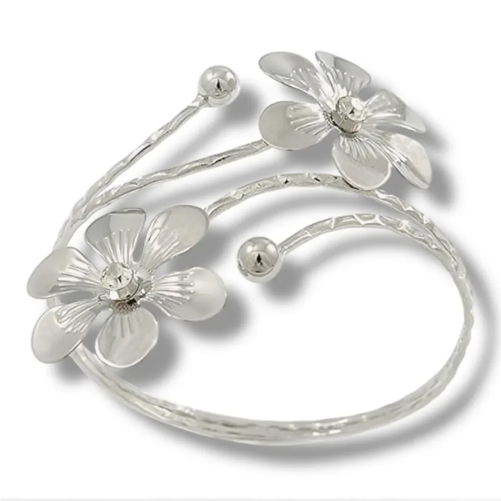 Silver Flowers Rhinestones Adjustable Arm Cuff Bracelet NEW